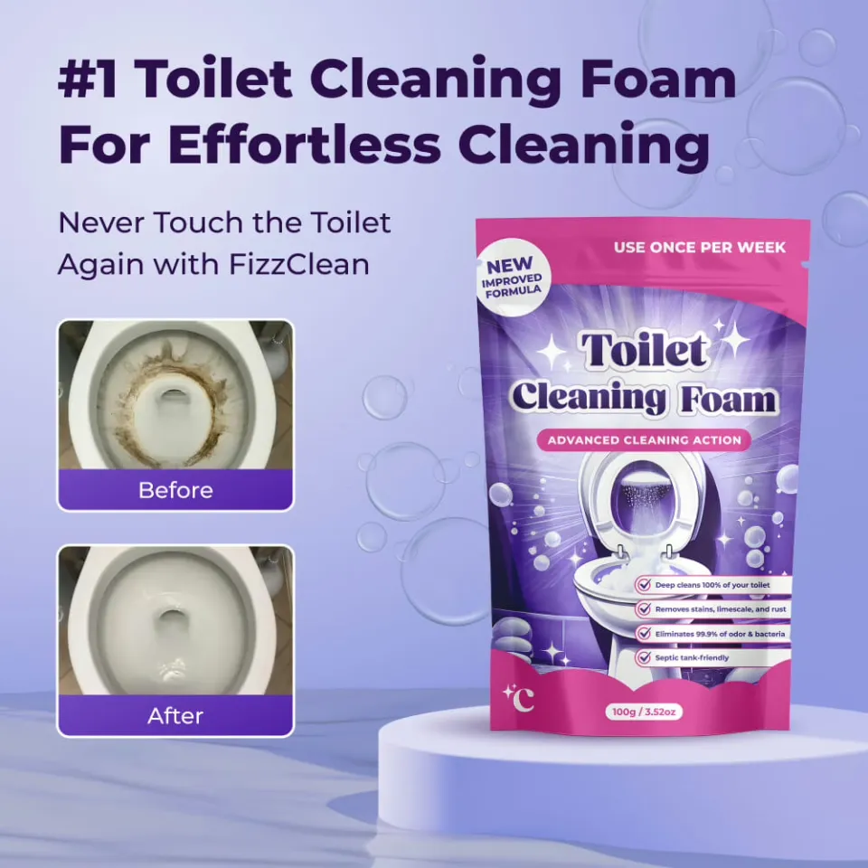 FizzClean foam filling a toilet drain — micro-foam technology